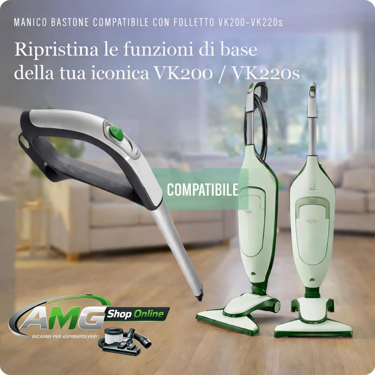 Manico Folletto VK200/220S -COMPATIBILE- Con Interruttore Integrato, per Scopa Elettrica VK200-220s, PENULTIMO MODELLO, Manico Folletto Ergonomico Con Manico Antiscivolo