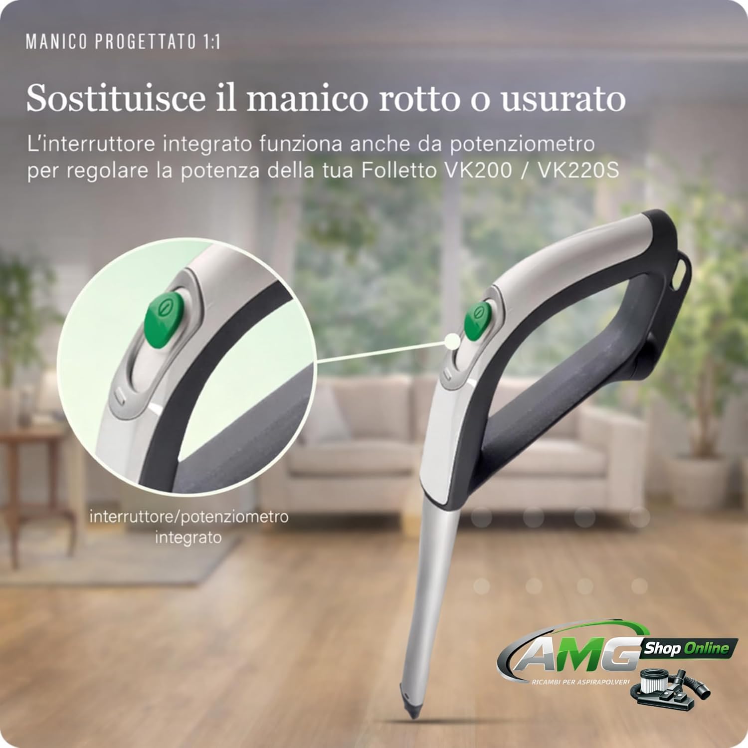 Manico Folletto VK200/220S -COMPATIBILE- Con Interruttore Integrato, per Scopa Elettrica VK200-220s, PENULTIMO MODELLO, Manico Folletto Ergonomico Con Manico Antiscivolo