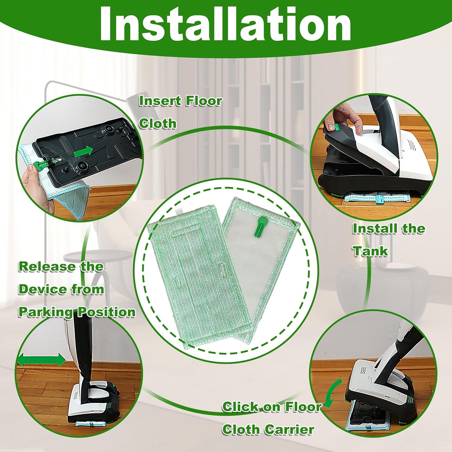 Panni Pulilava per Folletto SP600 SP600S Panno Lavapavimento in Microfibra Morbido adatto Parquet - Verde 6pcs